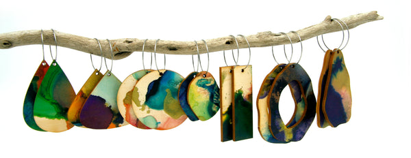 Modern wooden painted earrings collection from Melbourne Australia