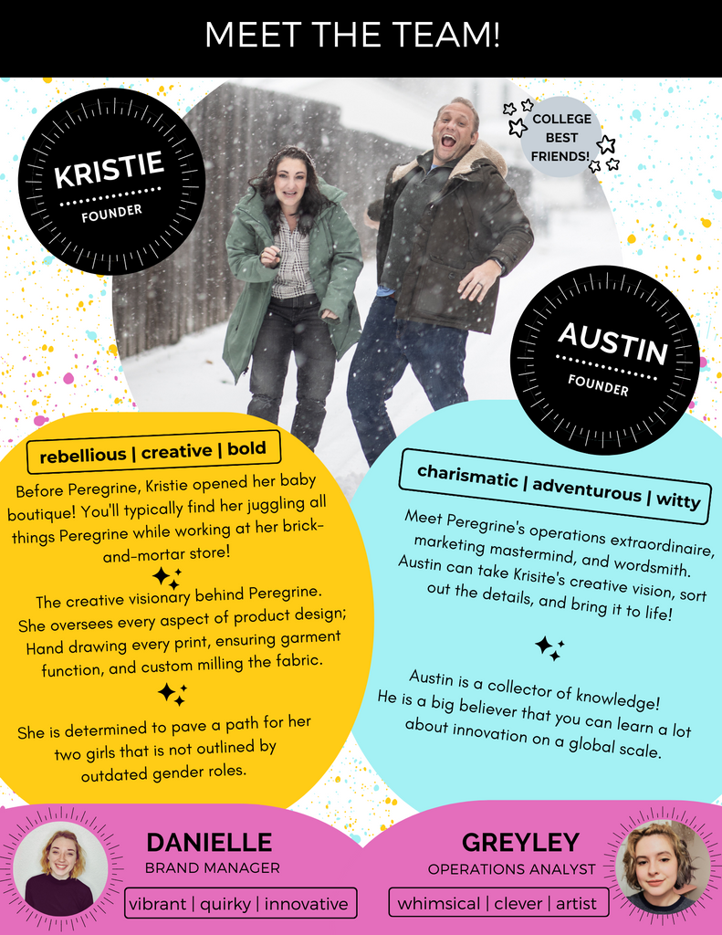 meet the team! kristie, founder. rebellious, creative, bold.  Before Peregrine, Kristie opened her baby boutique! You'll typically find her juggling all things Peregrine while working at her brick-and-mortar store!  The creative visionary behind Peregrine.  She oversees every aspect of product design; Hand drawing every print, ensuring garment function, and custom milling the fabric.  She is determined to pave a path for her  two girls that is not outlined by  outdated gender roles. Meet Peregrine's operations extraordinaire, marketing mastermind, and wordsmith.  Austin can take Krisite's creative vision, sort out the details, and bring it to life! Austin is a collector of knowledge!  He is a big believer that you can learn a lot  about innovation on a global scale. danielle- brand manager. vibrant, quirky. innovative.  greyley- operations analyst,  whimsical, clever, artist.