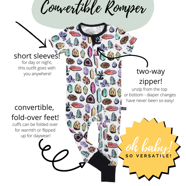 Convertible Romper- oh baby so versatile! Short sleeve for day or night. Convertible fold over feet, cuffs can be folded over for warmth or flipped up for daywear. Two way zipper. Unzip from the top or bottom, diaper changes never been so easy. 