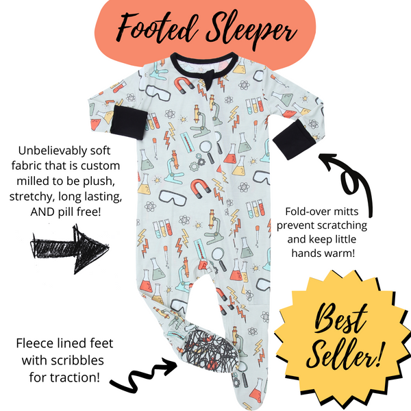 Best Seller- Footed Sleeper! Unbelievably soft fabric that is custom milled to be plush, stretchy, long lasting, and pill free! Fold over mitts to prevent scratching. Fleece lined feet with scribbles for traction. 