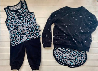 The leopard tank short set mix and matched with the baby lounge set! 