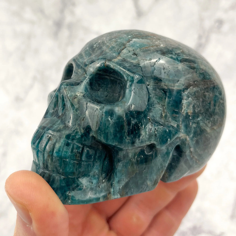 blue apatite skull carving