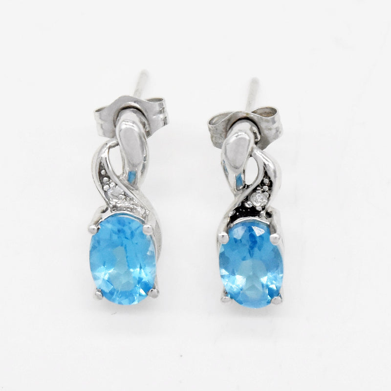 10k White Gold Estate Blue Topaz & Diamond Post Earrings
