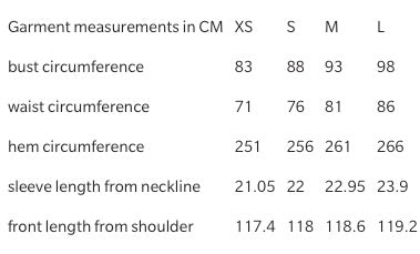 Lazybones Eloise Dress Sizing Chart