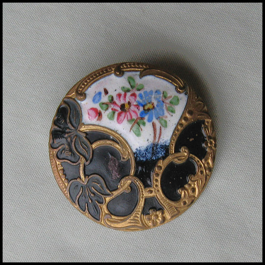 Antique Large Metal Celluloid Photo Button with Floral Victorian Photographs.