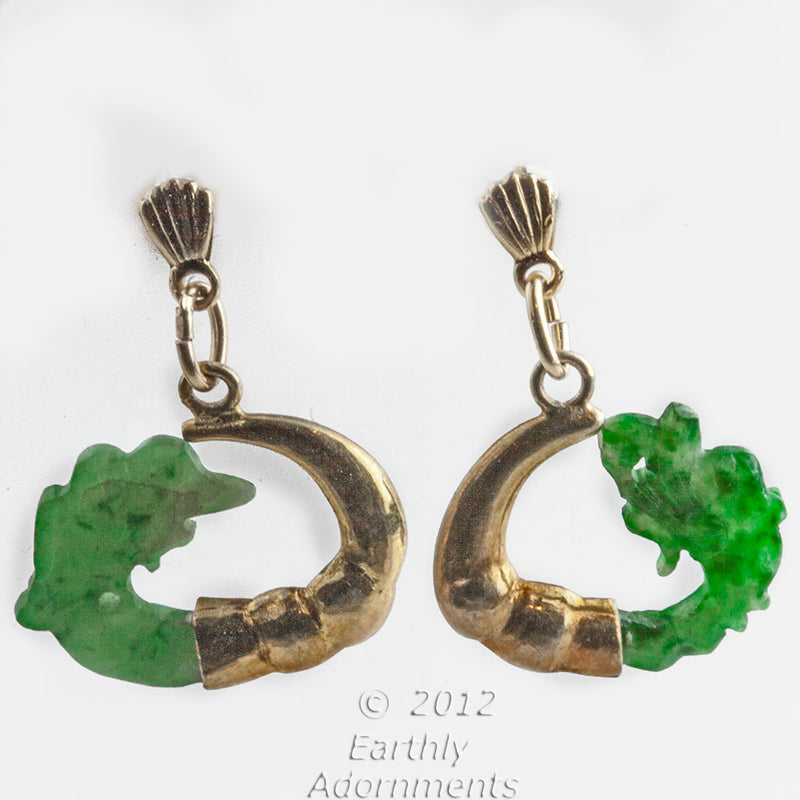 Vintage Chinese export jade dragon and silver vermeil earrings. erja855