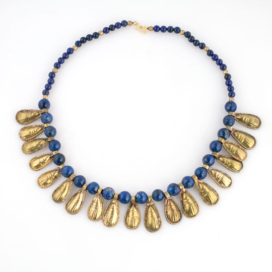 Vintage Blue Glass Necklace, translucent glass beads, brass filigree beads.  j-nlbg2161