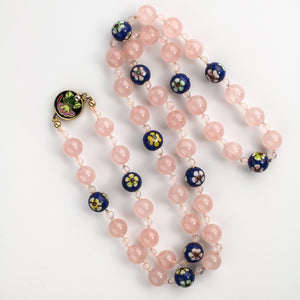 Vintage rose quartz and cloisonne hand knotted necklace. nlbd1198