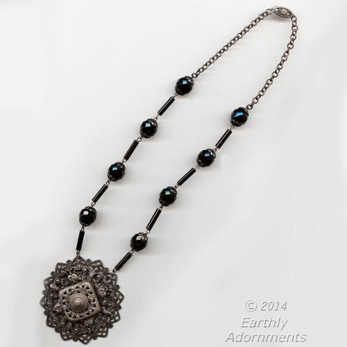 Vintage Blue Glass Necklace, translucent glass beads, brass filigree beads.  j-nlbg2161