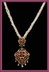 Estate ruby and 14k yellow gold lavaliere pendant necklace with 3 strands Japanese Biwa pearls-NLFN102(e)