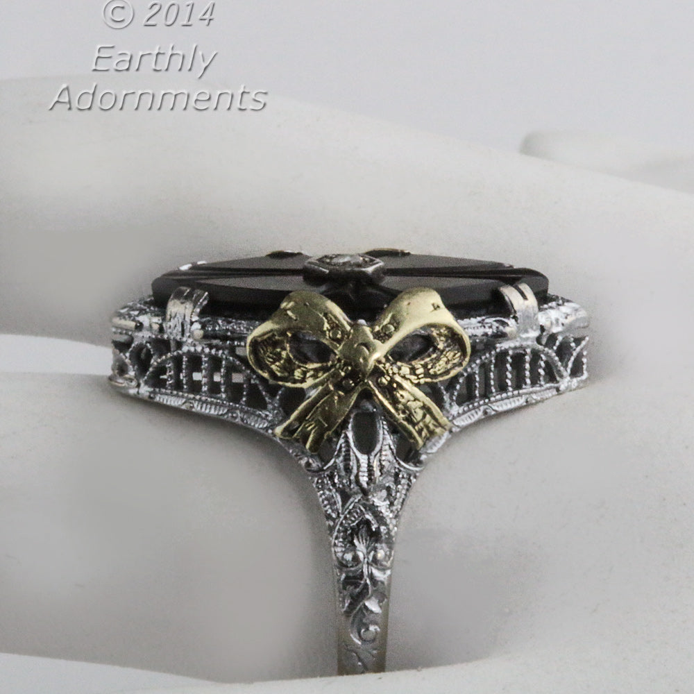 19s Art Deco 14k White Gold Filigree Ring With Onyx Diamond Earthly Adornments