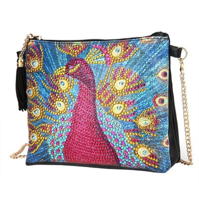 Small Leather Crossbody Bag With Chain - Peacock Diamond Art Design