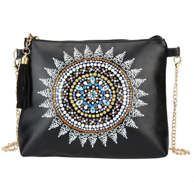 Small Leather Crossbody Bag With Chain - White Mandala Diamond Art Design