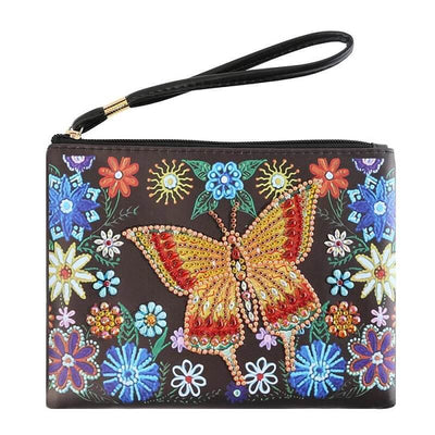 Small Leather Clutch Bag With Wristlet - Golden Red Butterfly Diamond Art Design