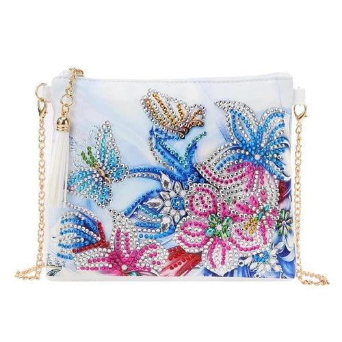 Small Leather Crossbody Bag With Chain - Pink Blue Butterflies Diamond Art Design