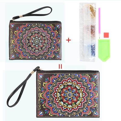 Small Leather Clutch Bag With Wristlet - Blue Red Mandala Diamond Art Design