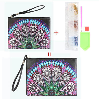 Small Leather Clutch Bag With Wristlet - Green Lotus Mandala Diamond Art Design