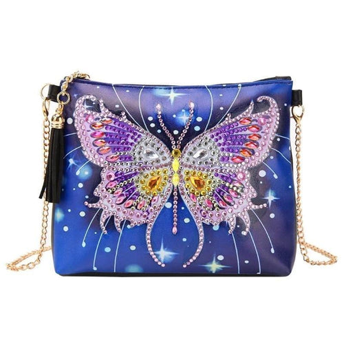 Small Leather Crossbody Bag With Chain - Night Butterfly Diamond Art Design