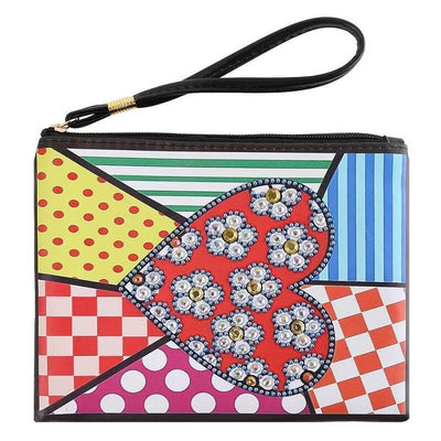 Small Leather Clutch Bag With Wristlet - Patchwork Heart Mandala Diamond Art Design