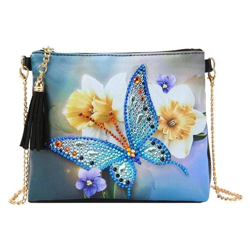 Small Leather Crossbody Bag With Chain - Blue Butterfly Diamond Art Design