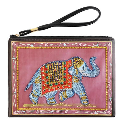 Small Leather Clutch Bag With Wristlet - Blue Elephant Diamond Art Design