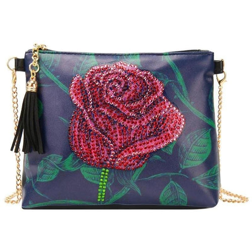 Small Leather Crossbody Bag With Chain - Red Rose Diamond Art Design