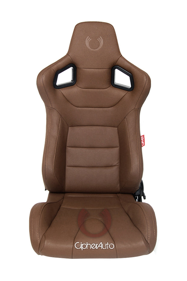 CPA2001PCFER CIPHER EURO RACING SEATS MOCHA LEATHERETTE CARBON FIBER W/ BROWN STITCHING - PAIR
