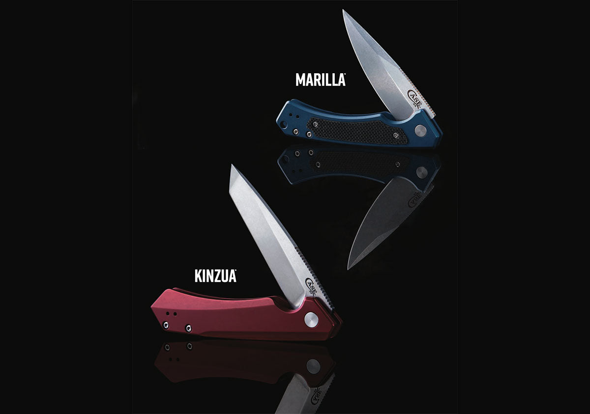 The Marilla™ and Kinzua™ knives on a black background