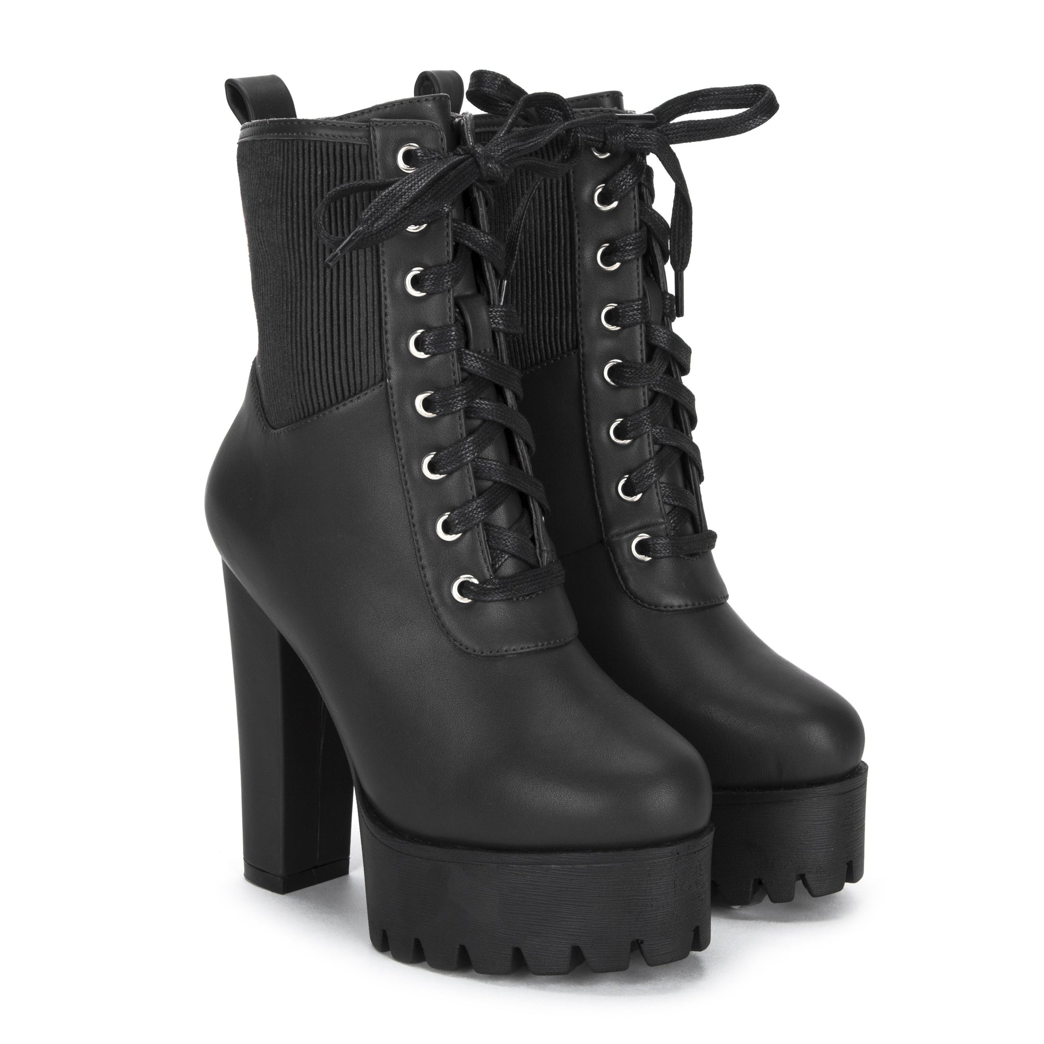 High Heel Black Platform Lace up Boots with Elastic Panels – KOI footwear