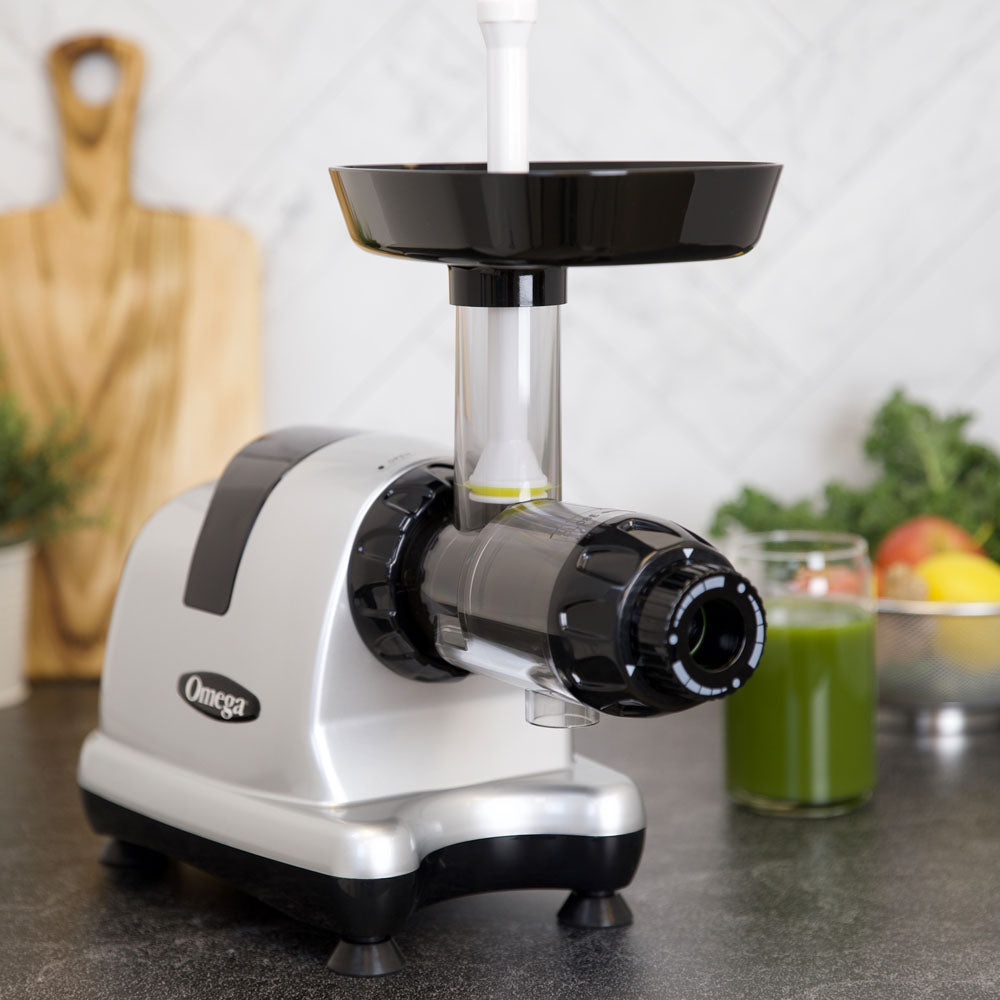 Omega Ultimate Juicer and Nutrition System, Low-Speed Horizontal Juicer, in Silver (J8006HDS)