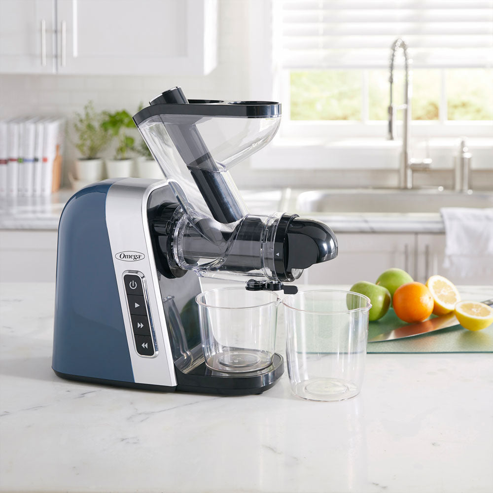 MM400BL13 Omega Slow Masticating Juicer, BPA Free with Wide Mouth, Blue