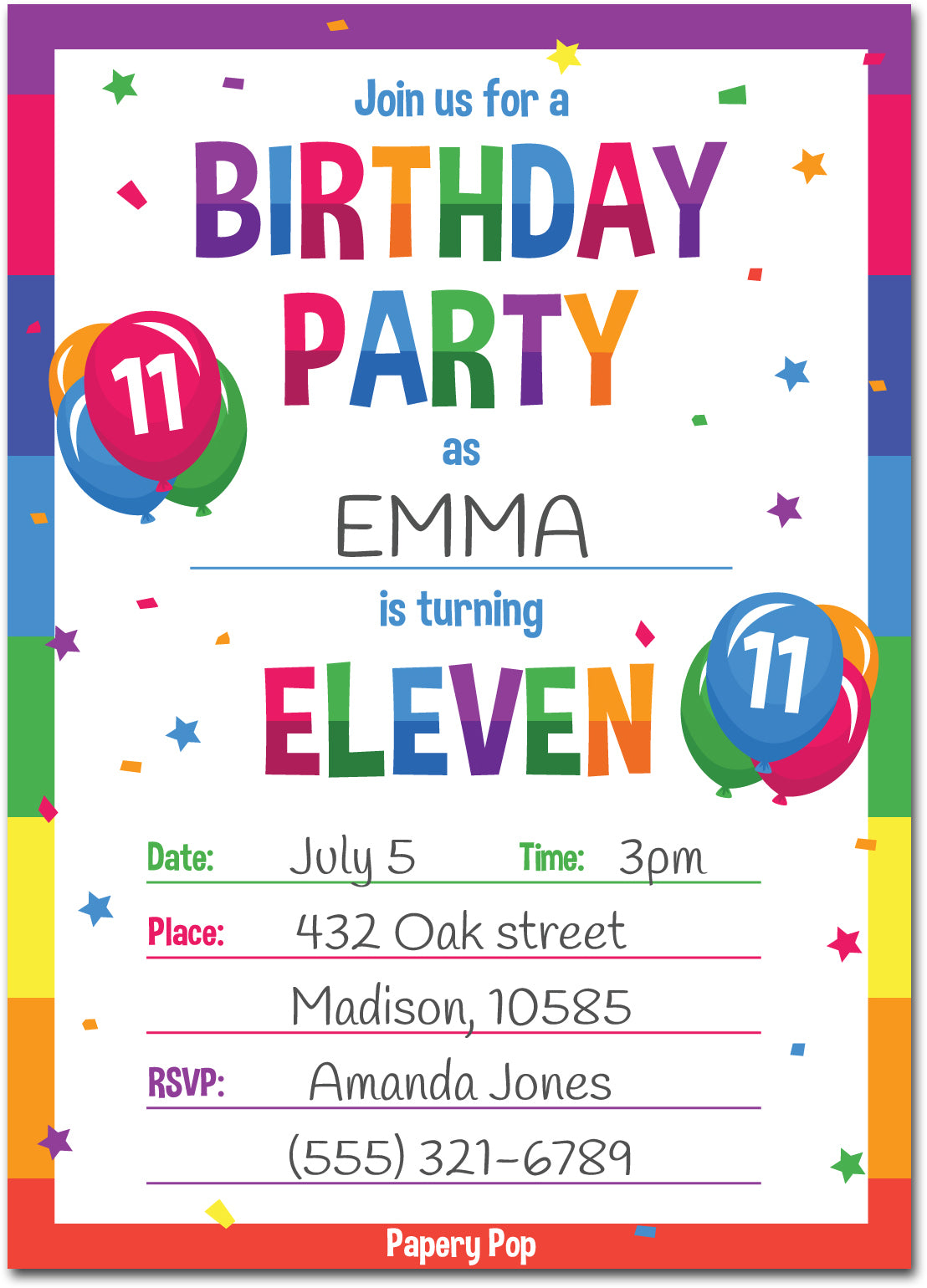 11 Year Old Birthday Party Invitations with Envelopes (15 Count) Kid