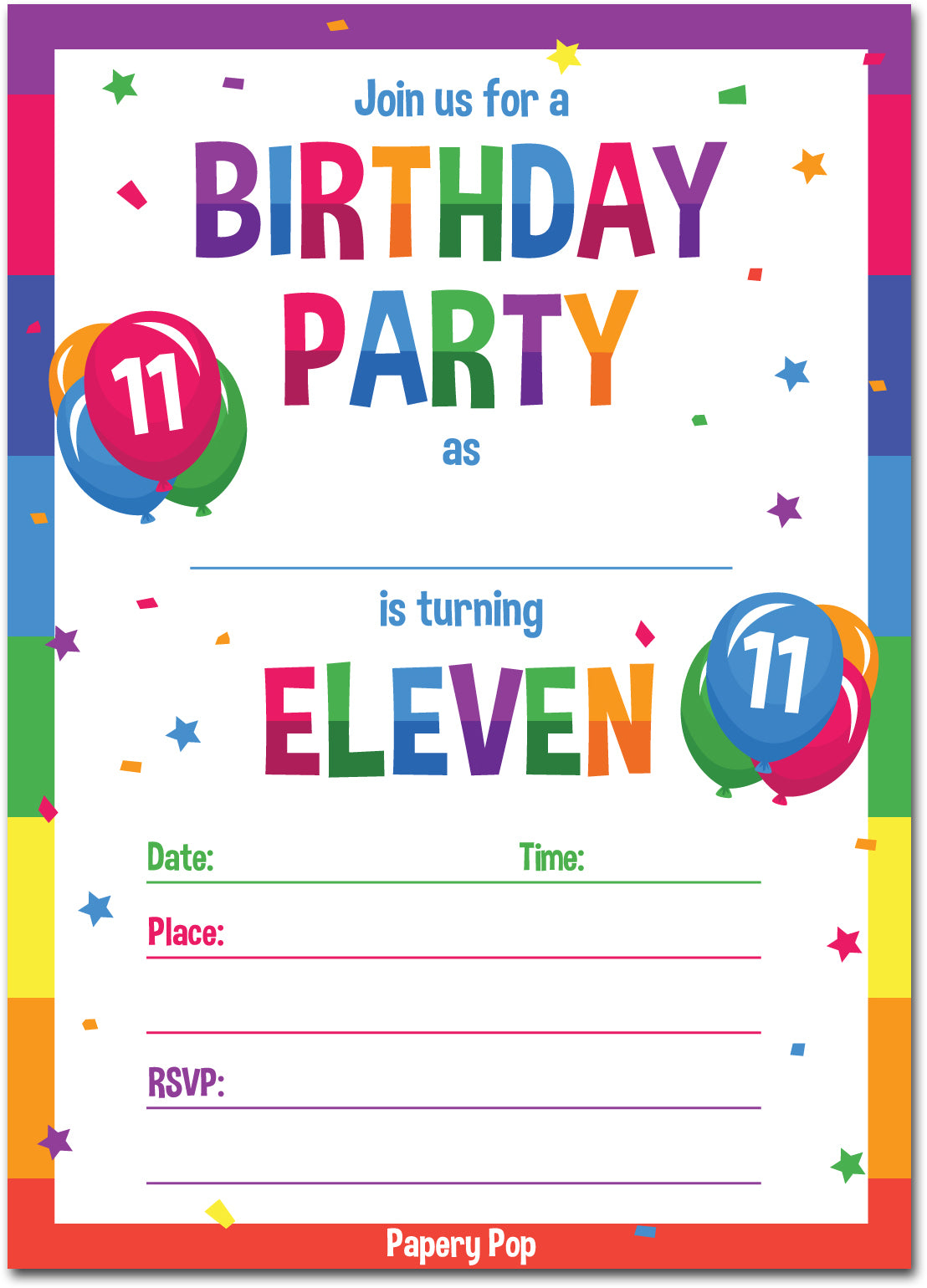 11 Year Old Birthday Party Invitations with Envelopes (15 Count) Kid