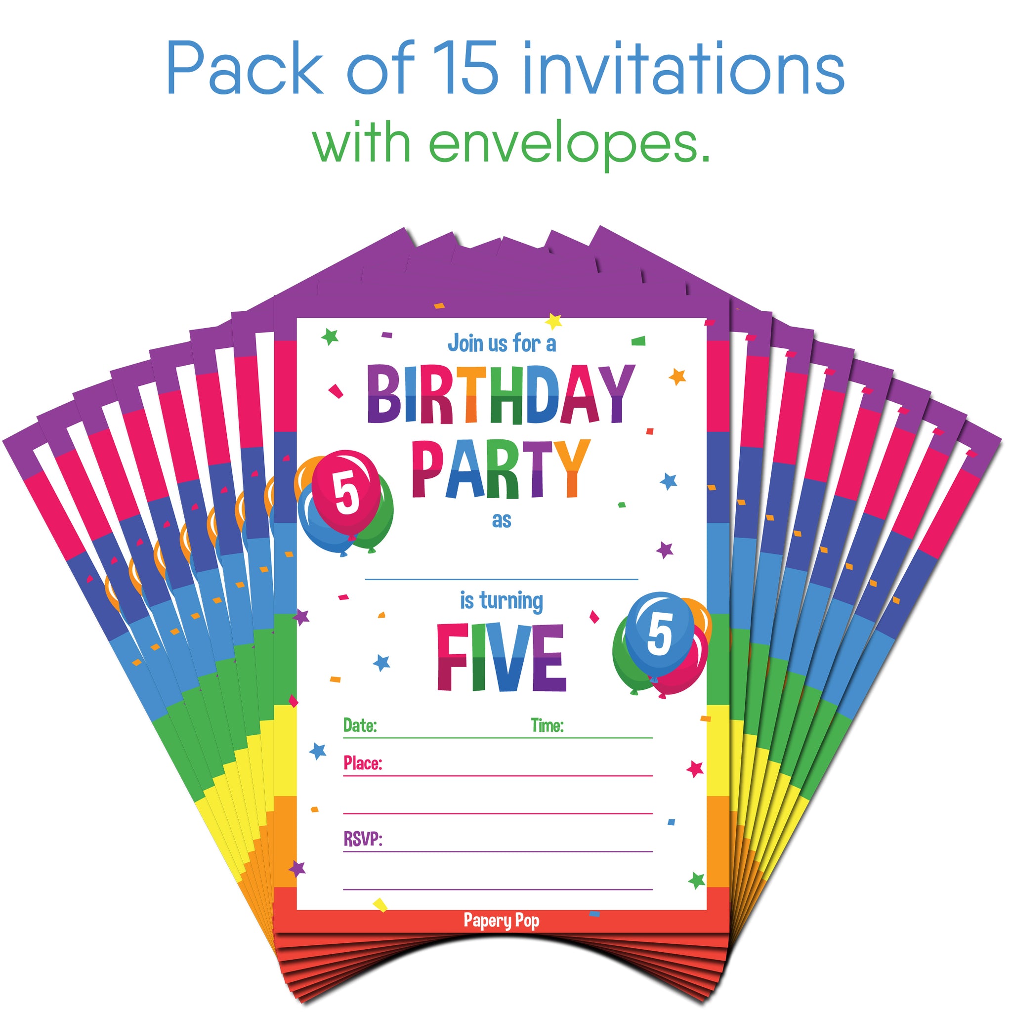 5 Year Old Birthday Party Invitations with Envelopes (15 Count) - Kids