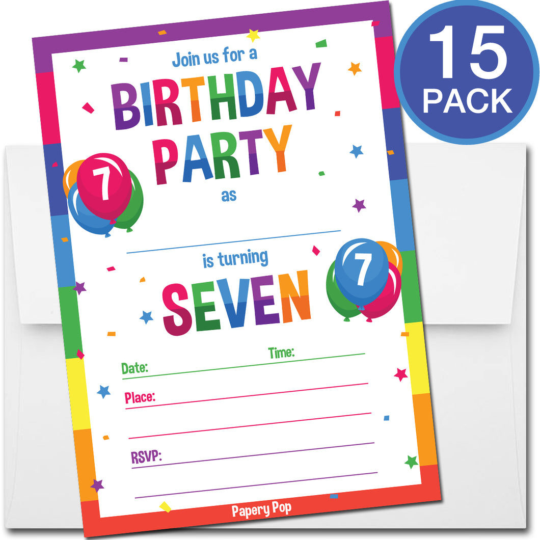 7 Year Old Birthday Party Invitations with Envelopes (15 Count) - Kids