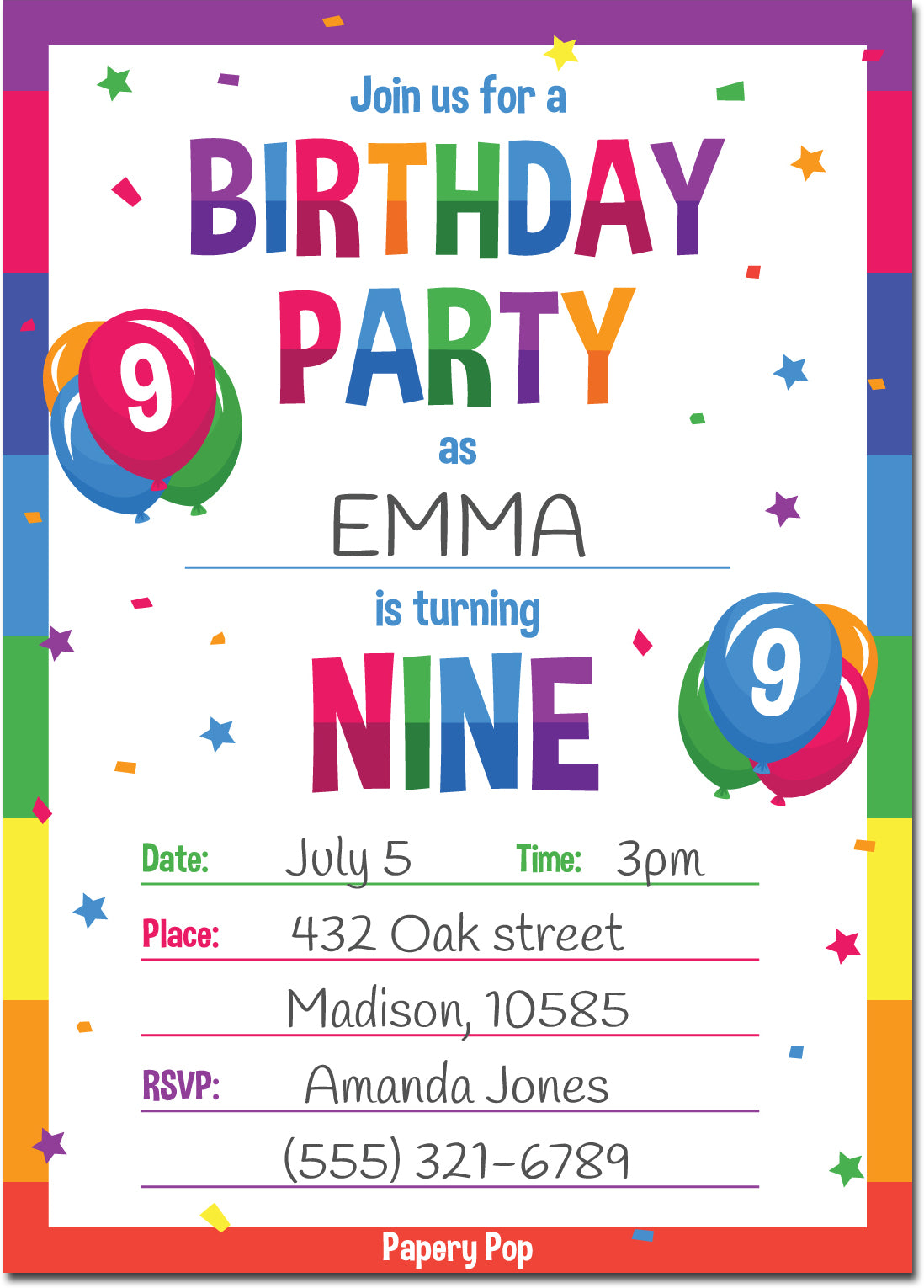 9 Year Old Birthday Party Invitations with Envelopes (15 Count) - Kids