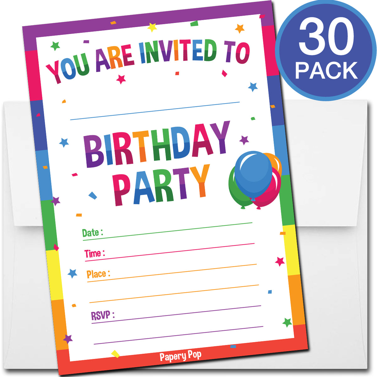 30 Colorful Rainbow Birthday Invitations with Envelopes ...