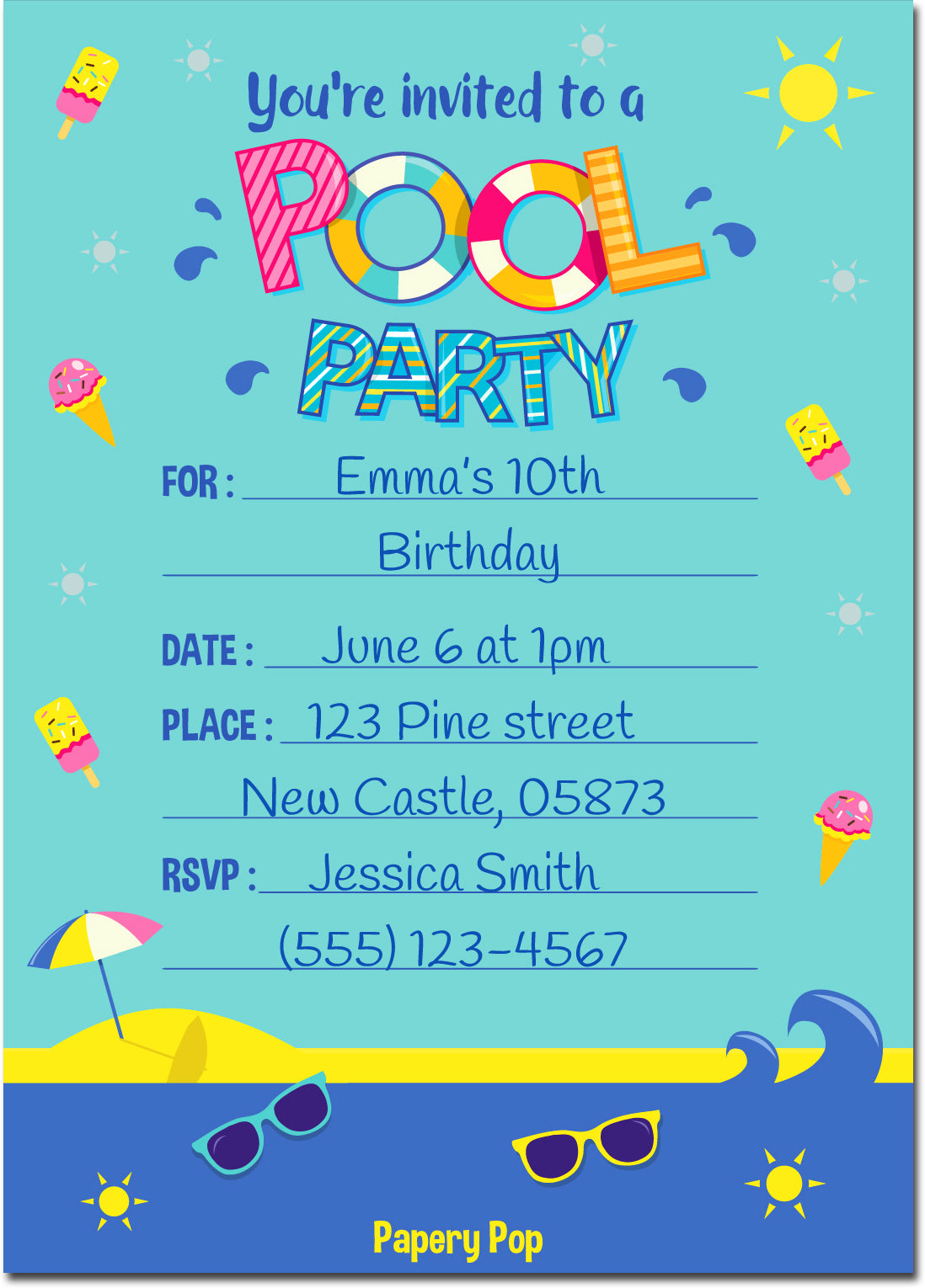 30 Pool Party Invitations with Envelopes Kids Birthday Party Invitat