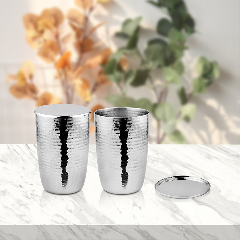 Stainless Steel 2 PCS Hammered Glass with SS Lid Impression