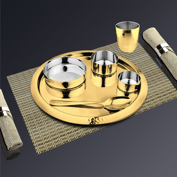 Stainless Steel Hammered Thali Set with Gold PVD Coating King