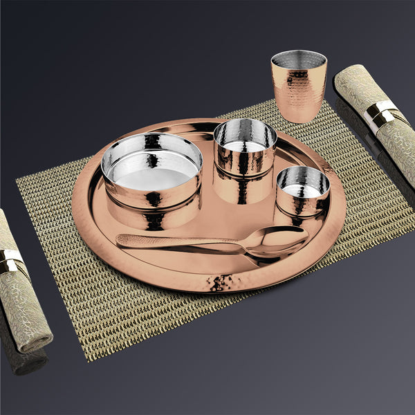 Stainless Steel Hammered Thali Set with Rose Gold PVD Coating King