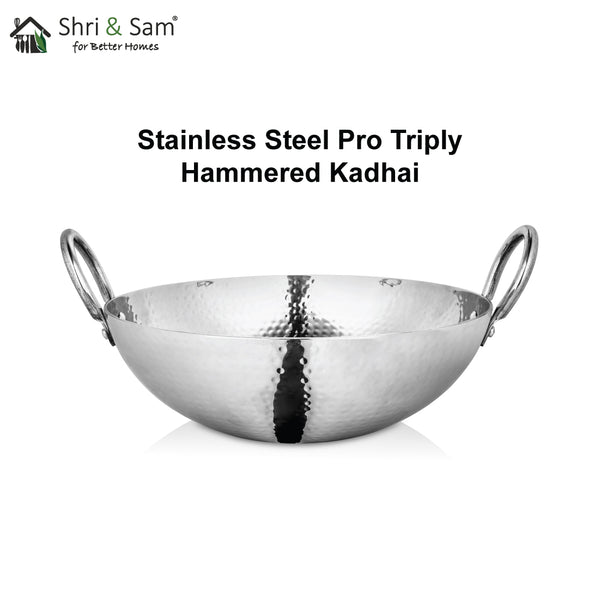 Trifri Stainless Steel Kadai With Handle Authentic Indian Hammered