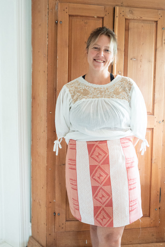 Merete in her lovely Sigrid skirt made from an old table cloth.