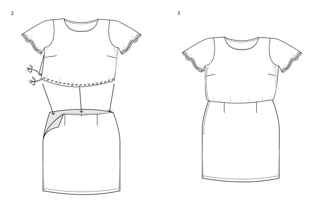 gather the excess fabric along the waistline of the top and attach the top to the skirt