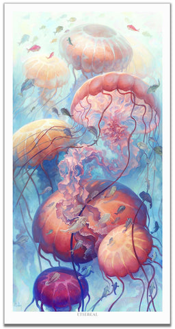 Ethereal finished painting of jellyfish ascending from the deep blue ocean