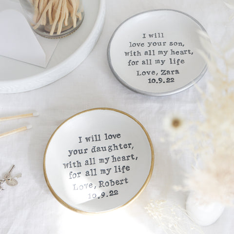 Two personalised wedding keepsake dishes for the parents of the bride and groom