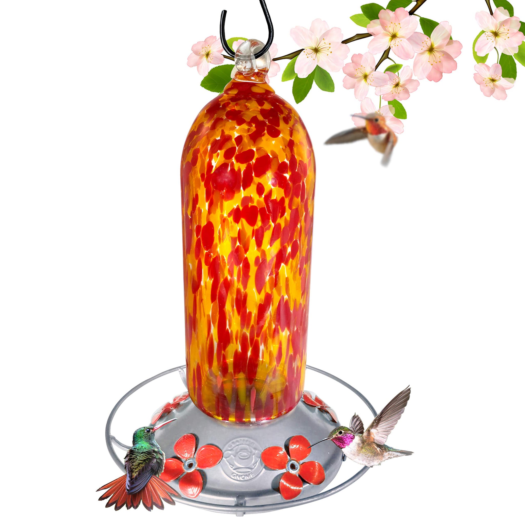 Grateful Gnome Hummingbird Feeder Hand Blown Glass Fiery