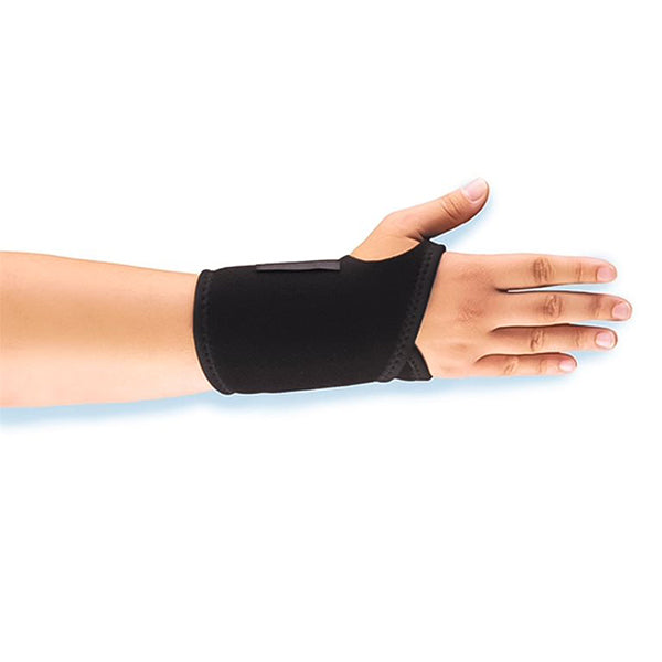 Black neoprene wrap-around wrist support on female wrist against white background