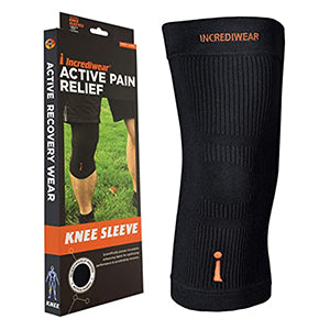 Incrediwear knee sleeve shown beside package which has a picture of man's legs on turf, wearing it. 