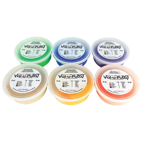 6 tubs of OrthOut CanDo Val U Putty, each a different color/strenght
